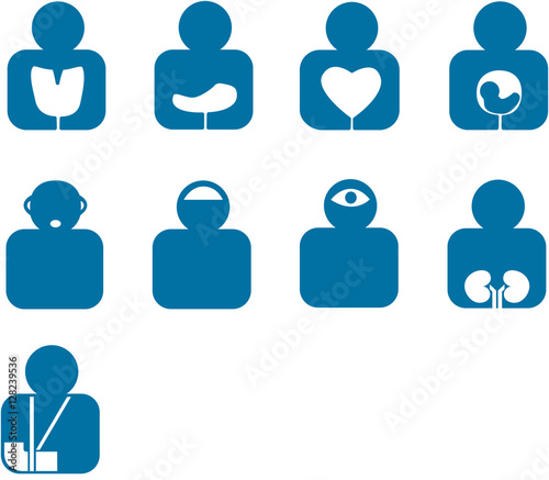 Iconos de órganos y especialidades médicas. Set vectorial de siluetas humanas con símbolos de salud