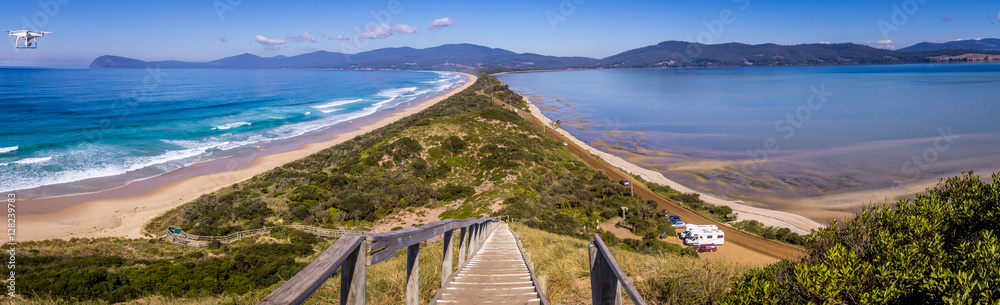 Scenic shot from the Neck lookout on Bruny Island with drone