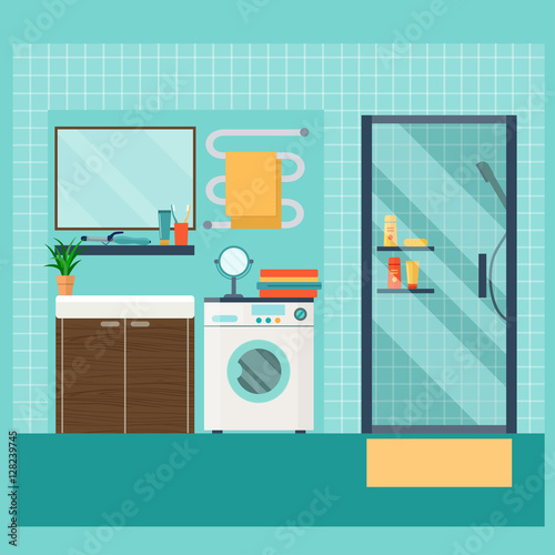 Apartment Bathroom Interior with shower, washing machine and shelves. Vector flat illustration