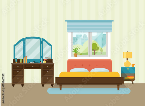Interior space bedroom with a bed and mirror near a window. Vector flat illustration