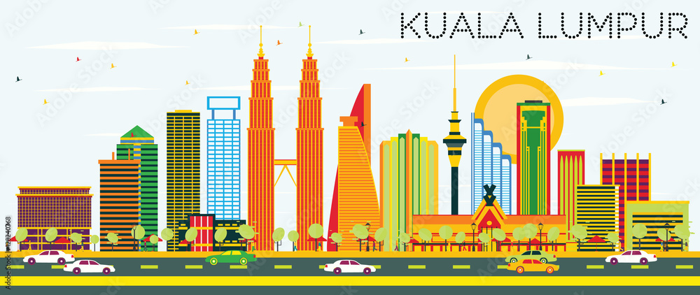 Kuala Lumpur Skyline with Color Buildings and Blue Sky.