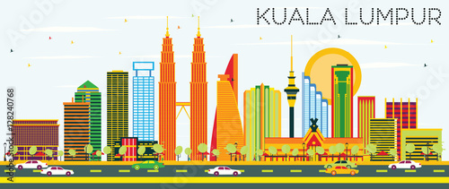 Kuala Lumpur Skyline with Color Buildings and Blue Sky.