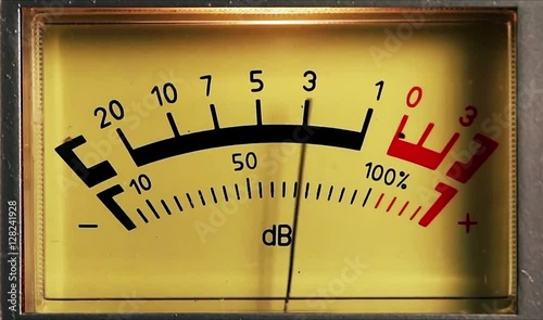 Analog sound meter, black and red line with yellow lighting