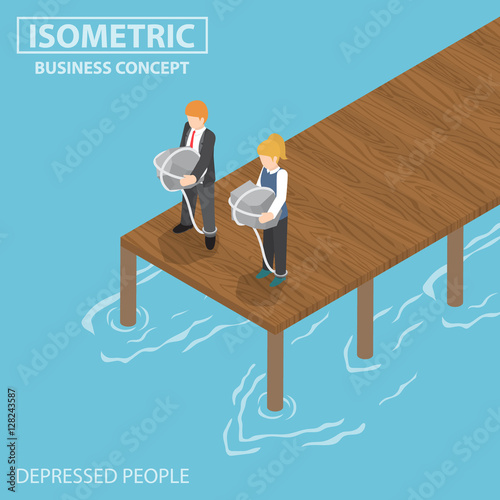 Isometric depressed businessman with rock and rope thinking of s