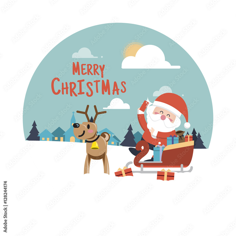 Naklejka premium Merry Christmas background,Santa Claus and reindeer with a bag