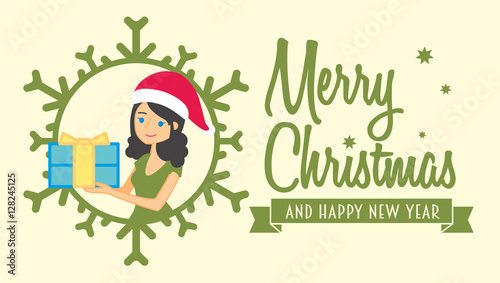 Merry Christmas card. with young woman holding a present box