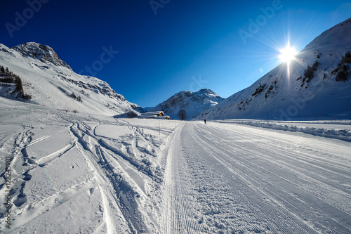 Alpine winter mountain landscape. French Alps with snow.