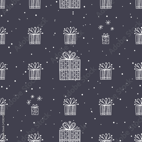 gift and snowflake christmas seamless pattern dark