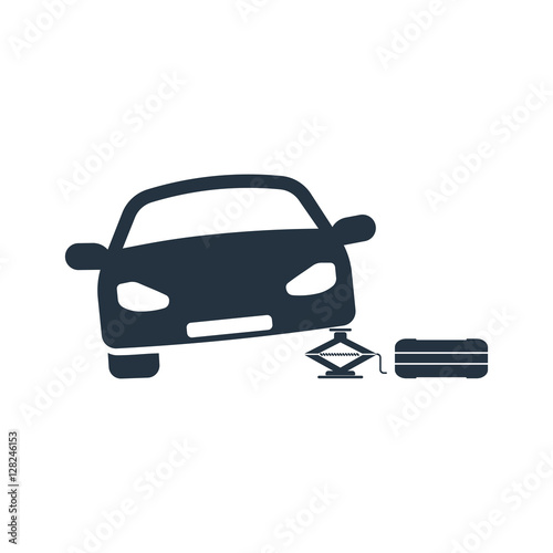 car on jack, isolated icon on white background, auto service, ca