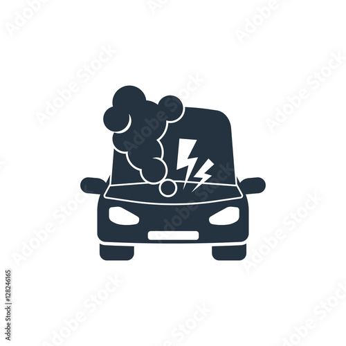 car on jack, open hood, fire, smoke,  isolated icon on white bac