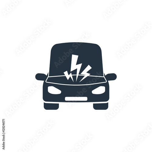 car on jack, open hood,  sparks, isolated icon on white backgrou