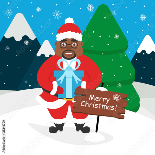 Cute african american Santa Claus with a gift in its hands. Landscape of mountains , forest, snow. © gold_illustrator