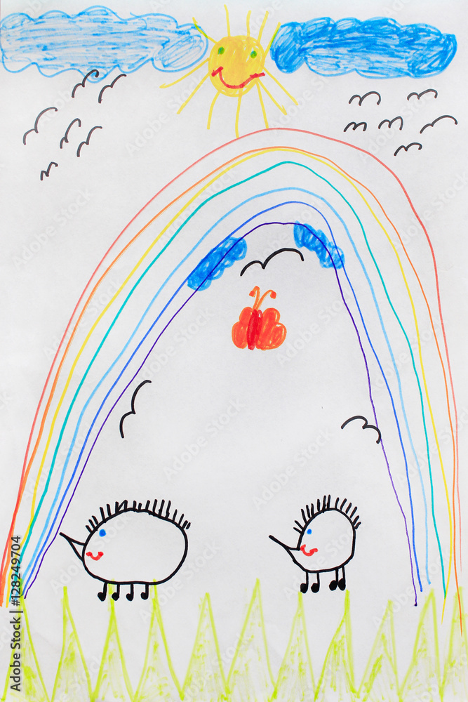 Obraz premium Childish drawing of funny rainbow hedgehogs and sun