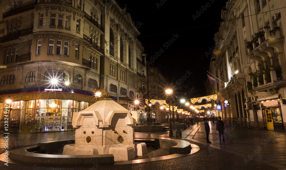 Night scene along the pedestrian street Knez Mihailova in downto