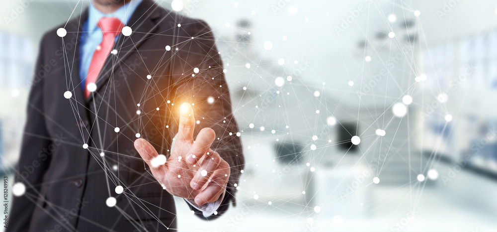 Businessman touching flying network sphere 3D rendering Businessman touching flying network sphere 3D rendering