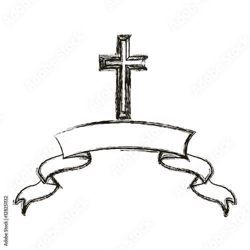 Cross and ribbon icon. Religion god pray faith and believe theme. Isolated design. Vector illustration