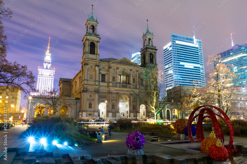 Fototapeta premium Warsaw at evening with christmas decoration in Poland