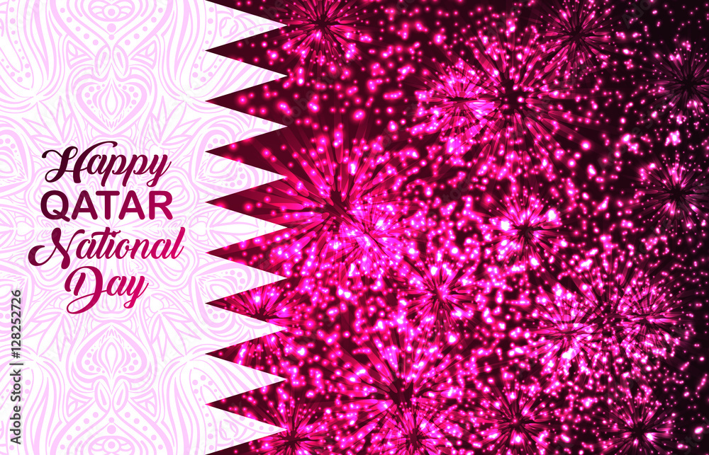Happy Qatar National Day. Fireworks show music, lights and fireworks. Greeting card. Qatar flag