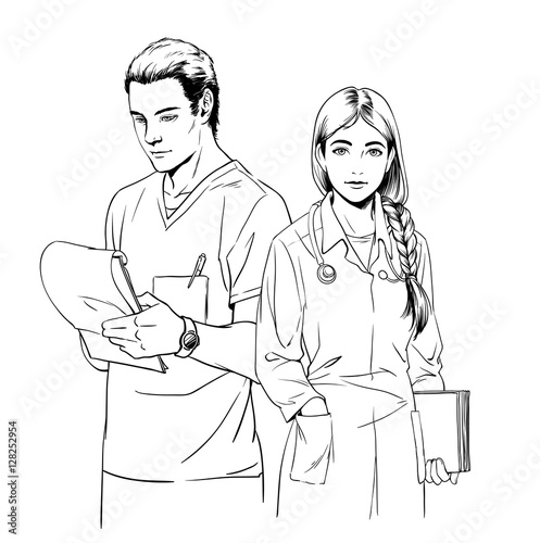 Sketch illustration of young woman doctor or a nurse and man surgeon, isolated on white background.