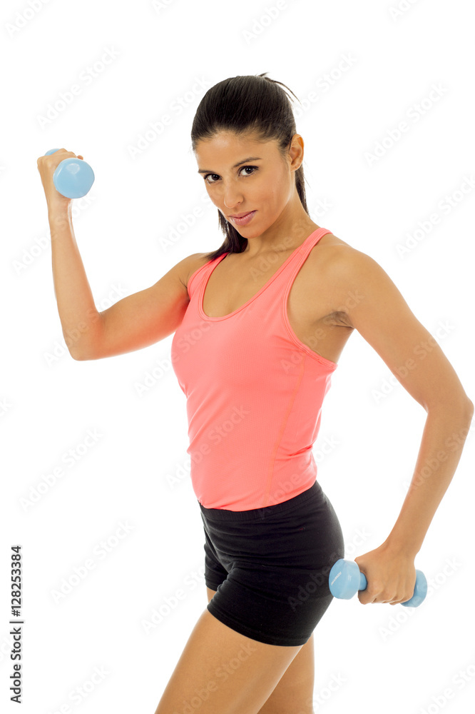 attractive happy latin woman holding weight dumbbell doing fitness workout attractive happy latin woman holding weight dumbbell doing fitness workout