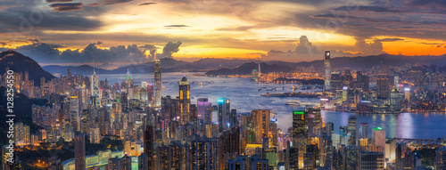 Sunset over Victoria Harbor as viewed atop Victoria Peak with Ho photo