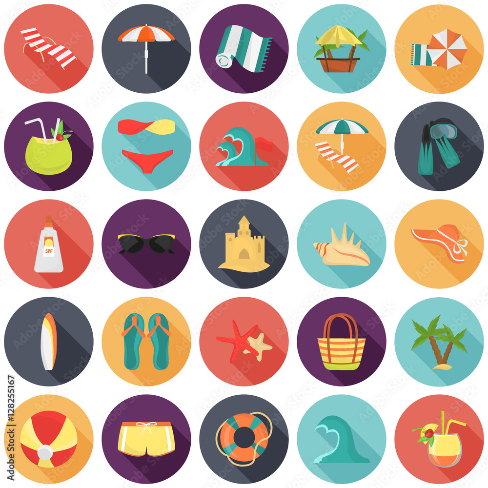 Set of color flat beach rest and travel icons for web and mobile design
