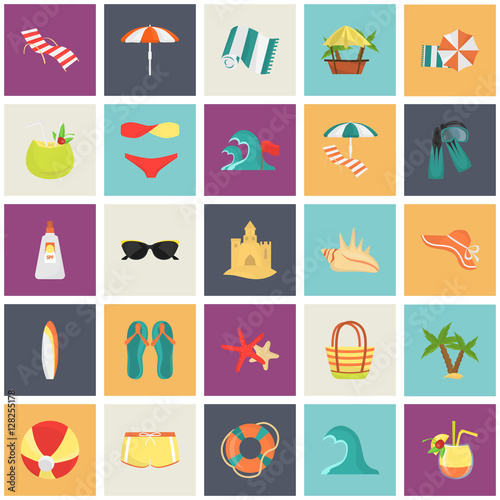 Set of color flat beach rest and travel icons for web and mobile design