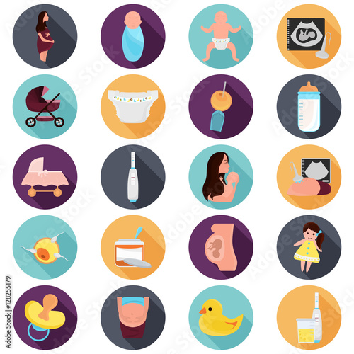 Set of color flat pregnancy and baby flat icons
