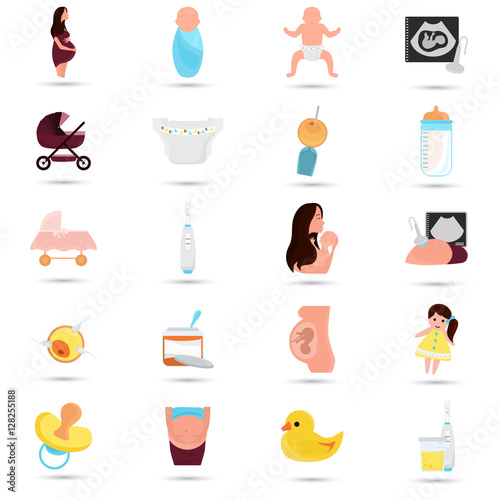Set of color flat pregnancy and baby flat icons