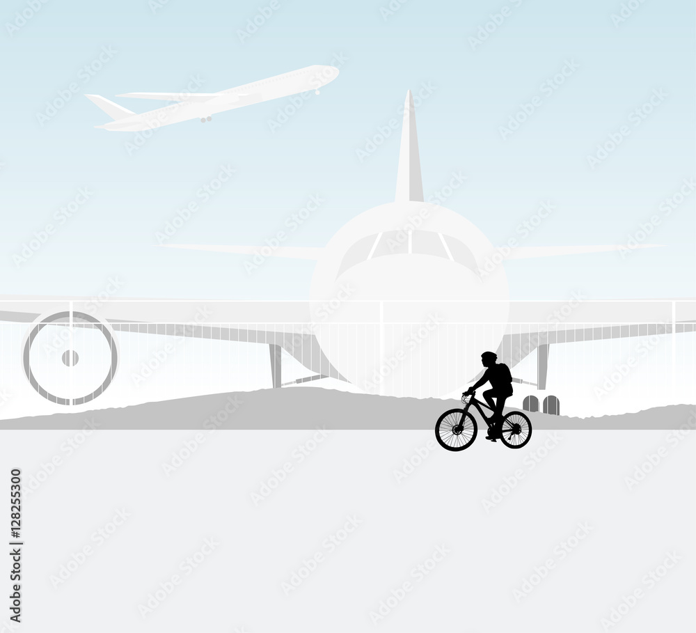 Fototapeta premium Young woman cycling airport scene vector silhouette people landscape background