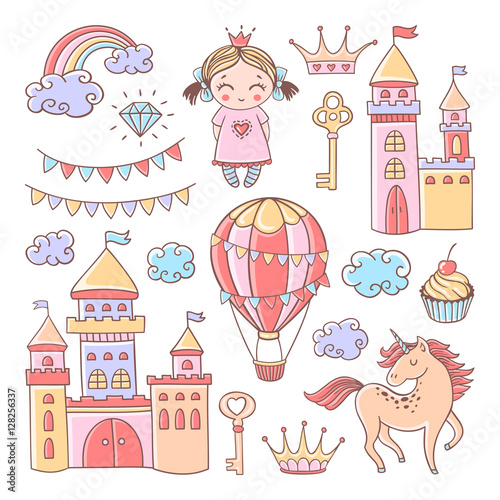Fairytale set with castles, hot air balloon and unicorn