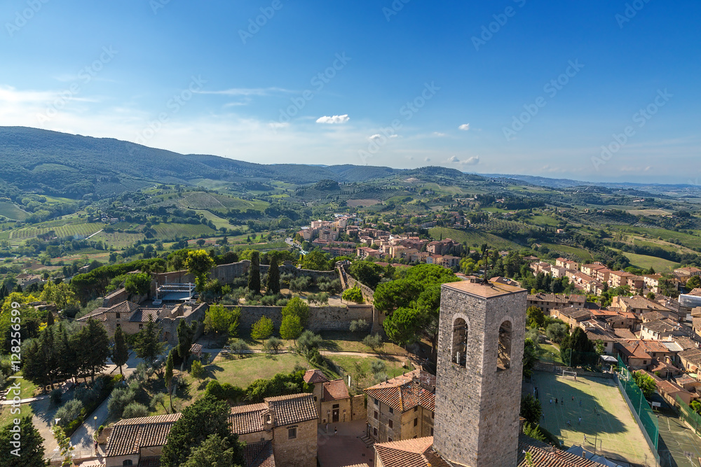 San Gimignano, Italy. A scenic view of the city and surrounding area from the Great Tower