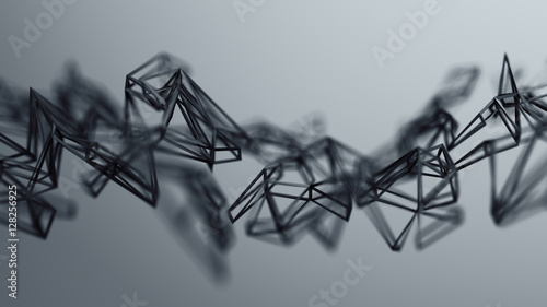 Abstract 3d rendering of chaotic plexus surface. Contemporary background with futuristic polygonal shape. Distorted low poly object with sharp lines.