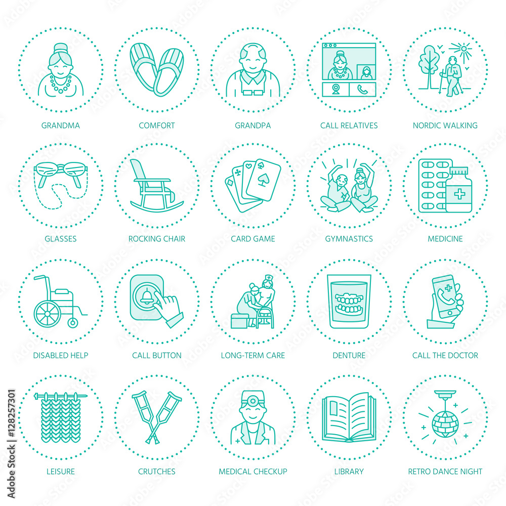 Modern vector line icon of senior and elderly care. Nursing home elements - old people, wheelchair, leisure, hospital call button, activity, doctor. Linear pictogram for sites, brochure, clinic