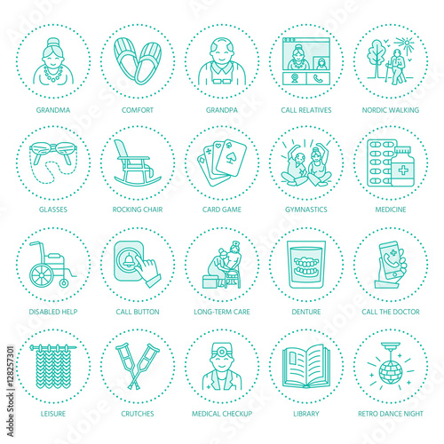 Modern vector line icon of senior and elderly care. Nursing home elements - old people, wheelchair, leisure, hospital call button, activity, doctor. Linear pictogram for sites, brochure, clinic