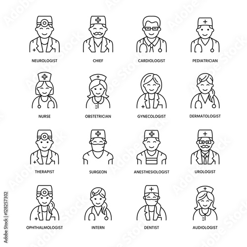 Cute vector line icon of doctor. Hospital, clinic linear logo. Outline doctor sign - surgeon, cardiologist, dentist, therapist, physician, nurse. Design element for site, medical business logotype
