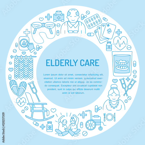 Modern vector line icon of senior and elderly care. Medical poster template with illustration of old people, wheelchair, leisure, hospital call button, doctor. Linear banner for nursing home