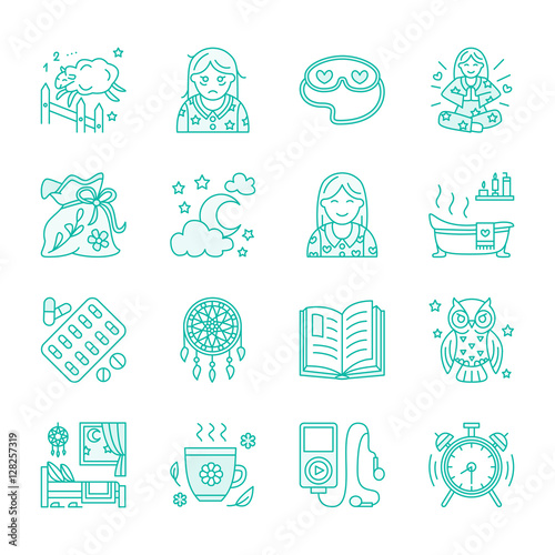 Modern vector line icon of insomnia problem and healthy sleep. Elements - clock, pillow, pills, dream catcher, counting sheep. Linear pictogram for sites, brochures about sleepless, insomnia