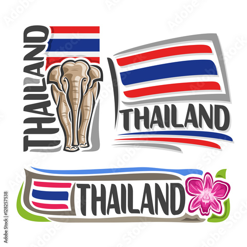 Vector logo Thailand, 3 isolated images: vertical banner royal white elephant on background Thai national state flag, symbol kingdom of thailand violet thai orchid flower, stripes on ensign flags.