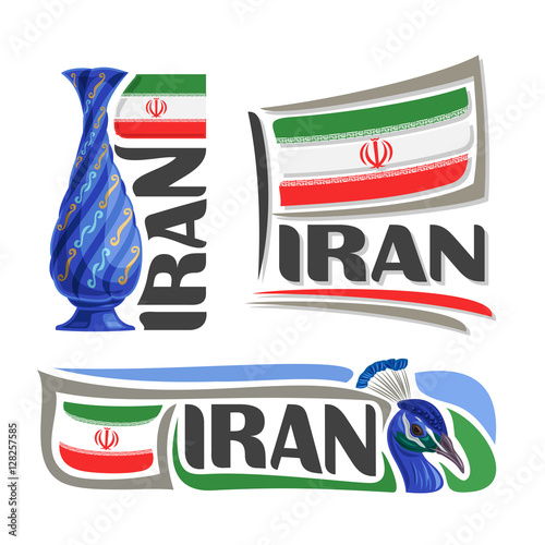 Vector logo Iran, 3 isolated images: vertical banner persian enamel mina blue handicraft vase on background iranian national state flag, symbol iran emblem, irani ensign flags, peacock, peafowl bird.