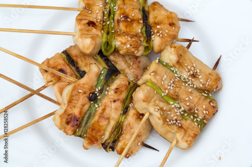 barbecue with delicious grilled meat and leek