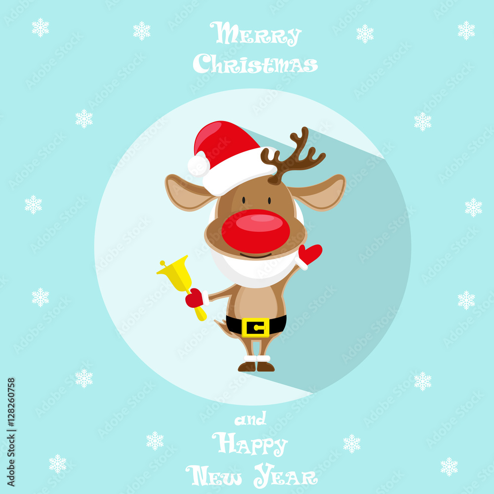 Holiday symbol. Icon colorful cute reindeer in santa hat. Circle on blue background. Snowflakes. Design element for decoration poster, banner, flyer, greeting card. Cattoon style. Vector illustration Holiday symbol. Icon colorful cute reindeer in santa hat. Circle on blue background. Snowflakes. Design element for decoration poster, banner, flyer, greeting card. Cattoon style. Vector illustration
