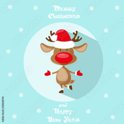 Holiday symbol. Icon colorful cute reindeer in santa hat. Circle on blue background. Snowflakes. Design element for decoration poster, banner, flyer, greeting card. Cattoon style. Vector illustration