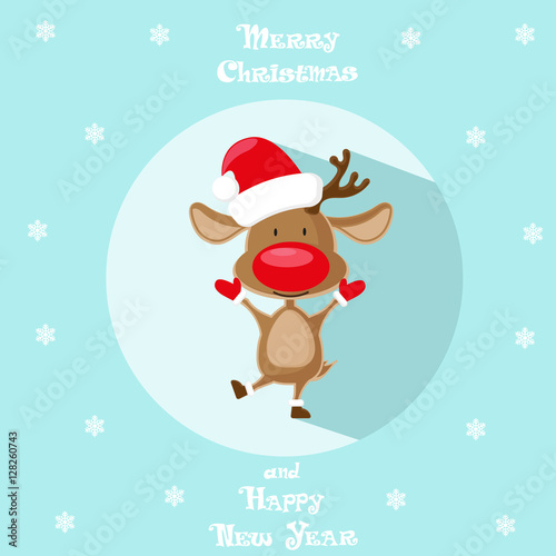 Holiday symbol. Icon colorful cute reindeer in santa hat. Circle on blue background. Snowflakes. Design element for decoration poster, banner, flyer, greeting card. Cattoon style. Vector illustration