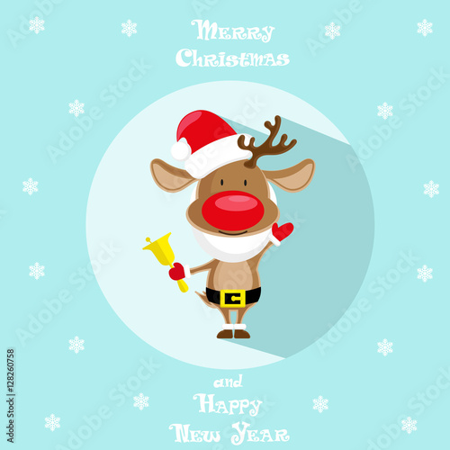 Holiday symbol. Icon colorful cute reindeer in santa hat. Circle on blue background. Snowflakes. Design element for decoration poster, banner, flyer, greeting card. Cattoon style. Vector illustration photo