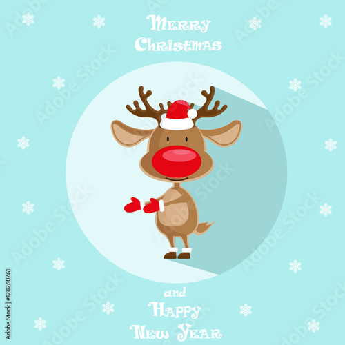 Holiday symbol. Icon colorful cute reindeer in santa hat. Circle on blue background. Snowflakes. Design element for decoration poster, banner, flyer, greeting card. Cattoon style. Vector illustration photo