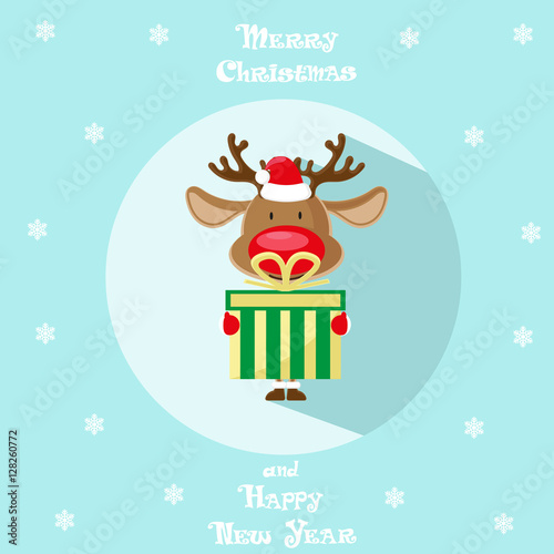 Holiday symbol. Icon colorful cute reindeer in santa hat. Circle on blue background. Snowflakes. Design element for decoration poster, banner, flyer, greeting card. Cattoon style. Vector illustration photo