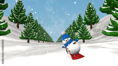 Snowman snowboarding. Loop animation.