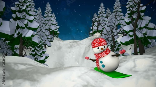 Snowman snowboarding. Loop animation.