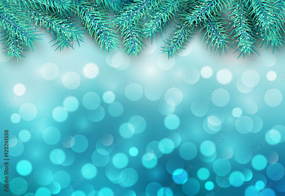 Christmas abstract background blue blinking bokeh with pine tree. Christmas abstract background blue blinking bokeh with pine tree.